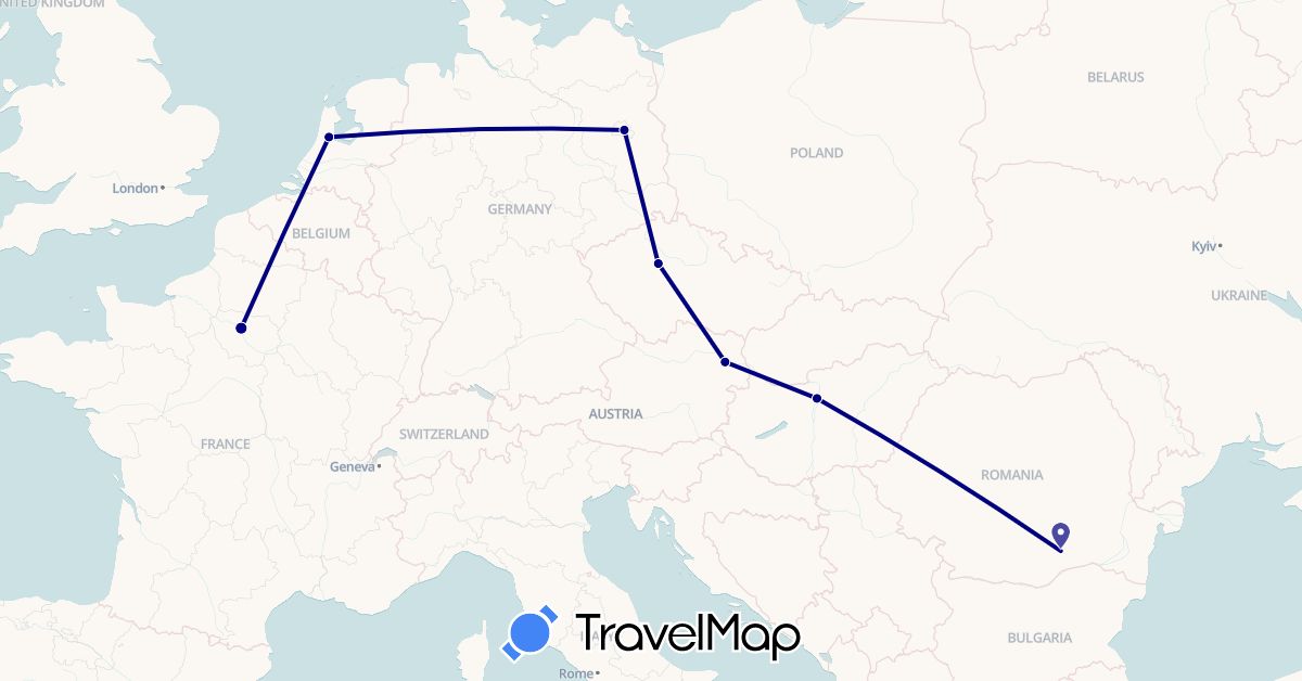 TravelMap itinerary: driving in Austria, Czech Republic, Germany, France, Hungary, Netherlands, Romania (Europe)